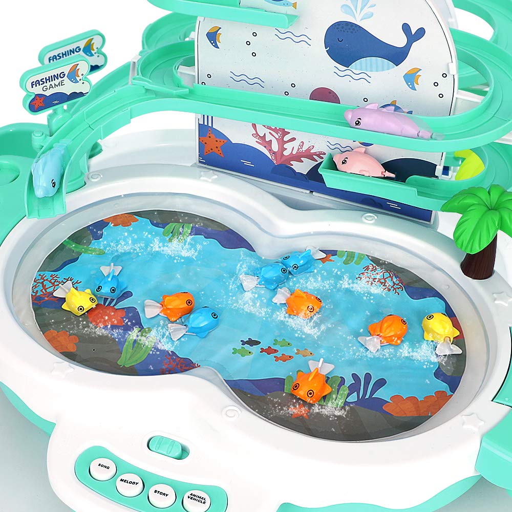 Magnetic Baby Fishing Toy Set, 3 in 1 Fishing Game for Toddlers & Kids with Slideway & Music Story, 10 Fish, 3 Dolphins, 2 Fishing Poles, Learning Educational Sound Effect Toys (Green1)