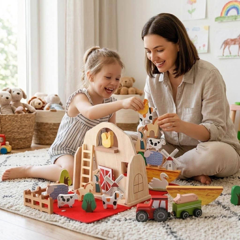 Jieruisha Wooden Barn Toy for Toddlers 1-3, Montessori Traveling Farm with Animal Figures & Car Model, Portable Farm Playset Learning Toy, Christmas Birthday Gift for Baby Boys Girls
