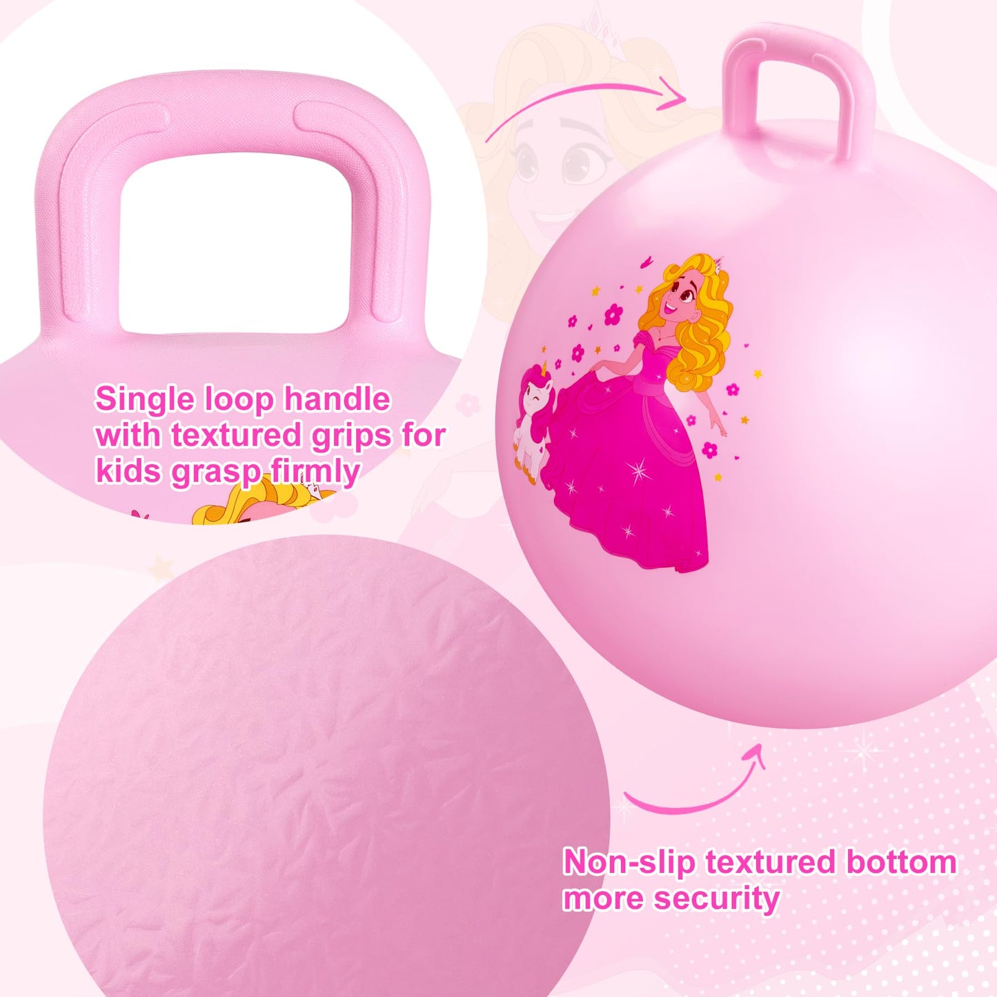 ZOOJOY Princess Hopper Ball, 18 Inch Bouncy Ball with Handle for Kids Aged 3-8, Inflatable Jumping Toys for Girls Boys, Pink Hopping Toys Gift with Pump