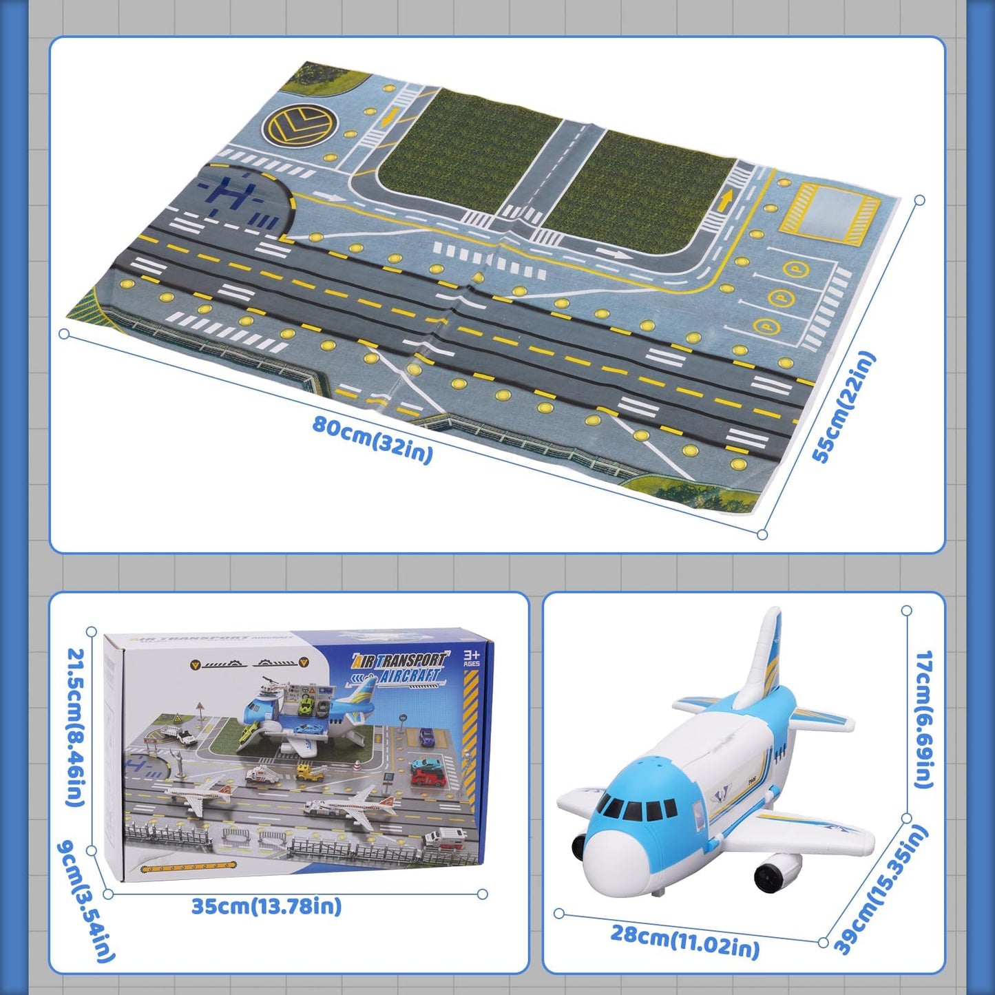 Airplane Toy Car Toy Set Airport Playmat with Helicopter, Truck, Plane, Sign Parking Lot Toy Set with Traffic Signs and Road Accessories Transport Airplane Scene Play Mat for Toddler Age 3+