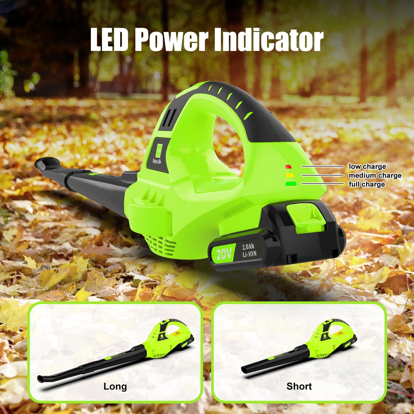 Leisch Life 21V Leaf Blower Cordless | Handheld Electric Lightweight Blower with 2.0Ah Rechargeable Battery & Fast Charger | Adjustable Speeds, Portable Design for Lawn, Patio, Yard, Sidewalk Cleaning