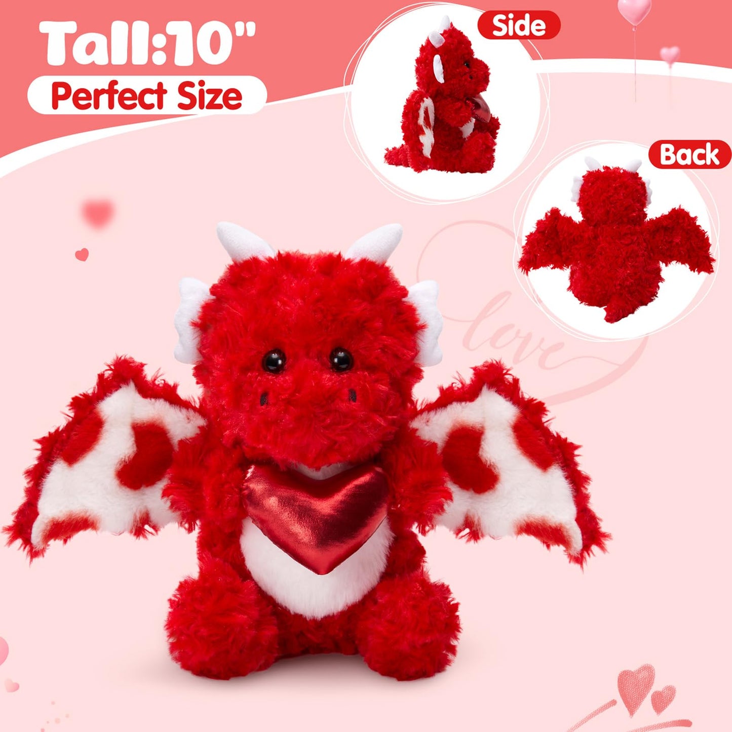 HappySpot Mother's Day Love Dragon Stuffed Animal, Soft Red Dinosaur Plush with Heart, Adorable Flying Dragon Plush Toys for Kids Girlfriend Wife Mother, 10''
