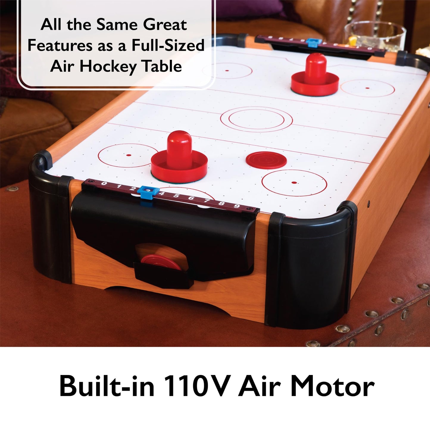 Mainstreet Classics 22 Inch Tabletop Air Hockey Game for Kids and Family, Mini Air Hockey Table with Battery Powered Motor, Includes 2 Pucks and 2 Pushers