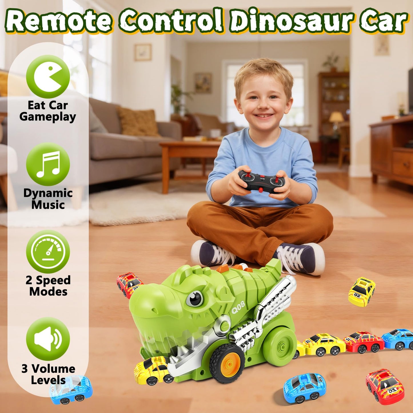 Intoypad Dinosaur Remote Control Car Toys for Kids, 2.4GHz RC Dino Eating Car Toy with 6 Magnetic Cars & Music Dino Truck Birthday Gifts Toys for 3 4 5 6 7 8 9 10 11 12 Year Old Boys Girls (Green)