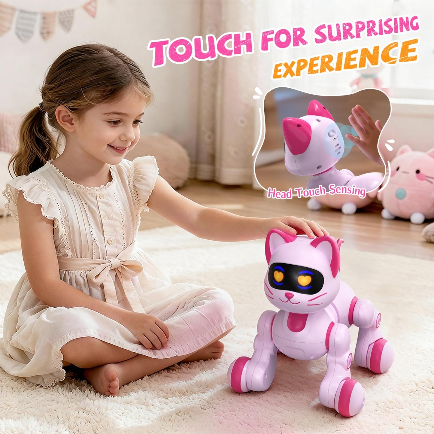 Robot Cat Toy for Kids, Interactive Robot Kitty with Touch Sensing, Remote Control Cat Robot Singing, Dancing, Walking, Sliding, Programmable Smart Pink Robotic Cat Pet for Girls