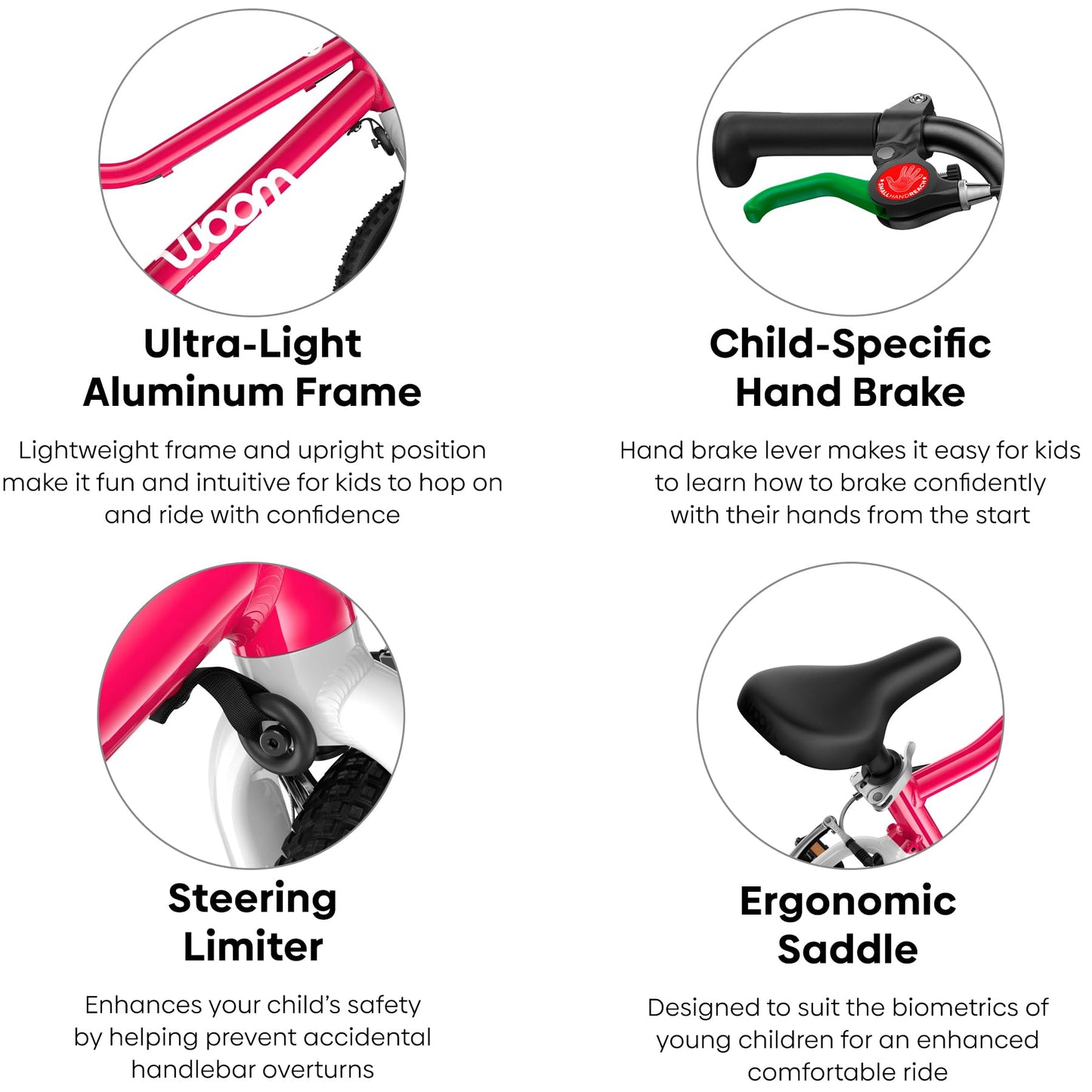 woom GO 2 Bicycle for Children 3 to 4.5 Years Old, 14-Inch Lightweight Bike with Handbrake, Steering Limiter & Chainguard for Boys & Girls - GO 2 - Hot Pink