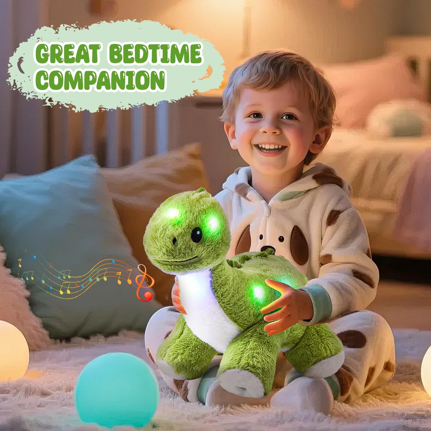 Glow Guards 16'' Light up Dinosaur Stuffed Animal,LED Soft Dinosaur Plush Toy with Magic Night Lights&Lullaby,Birthday Children's Day for Toddler Kids (Green, Music)
