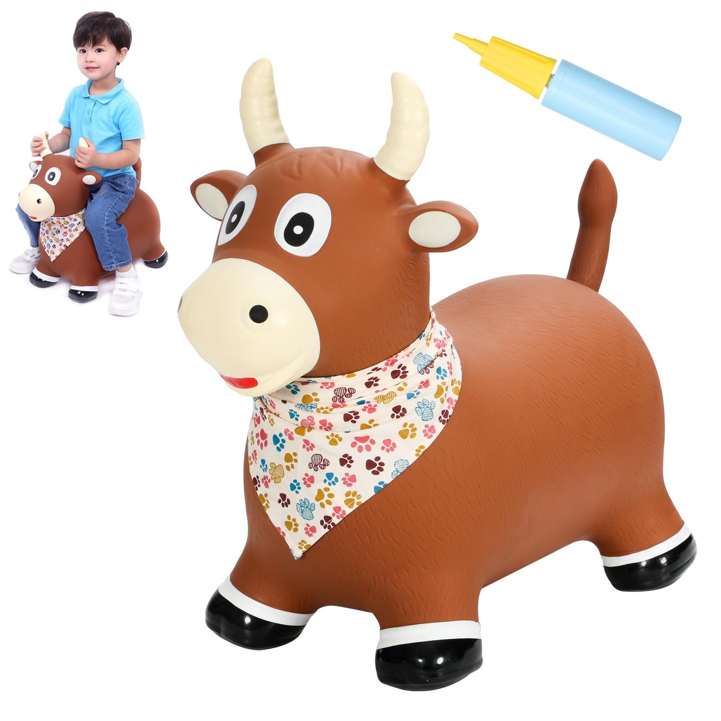 INPANY Bouncy Bull Farm Animal Hopping Toys for 1 2 Year Old Boy Gifts, Ride on Toddler Brown Cow Hopper, Kids Inflatable Jumping Horse, Outdoor Indoor Rubber Bouncer for 3 4 Yr Girl Birthday