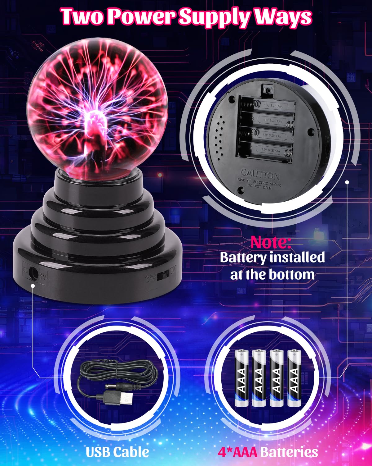 Theefun Plasma Ball, 3 Inch Plasma Lamp, Touch Sensitive Plasma Globe USB or Battery Powered Nebula Thunder Lightning, Novelty Toy for Kids, Parties, Prop, Bedroom, Home, Decoration