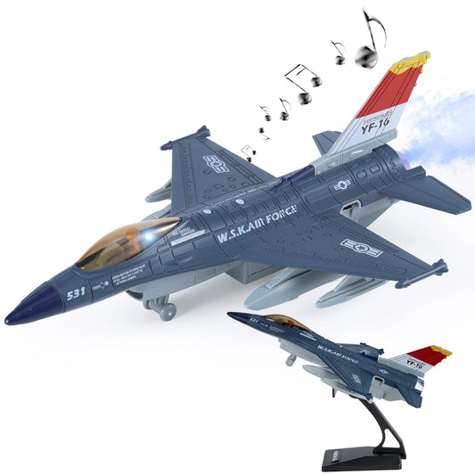 Crelloci Diecast Metal Alloy Fighter Jet Military Airplane Toy with Mist Spray, Lights & Sounds, Pull Back Function Army Air Force Aircraft for Kids, Toddlers Ages 3+, Gift for Boys Girls (Blue)