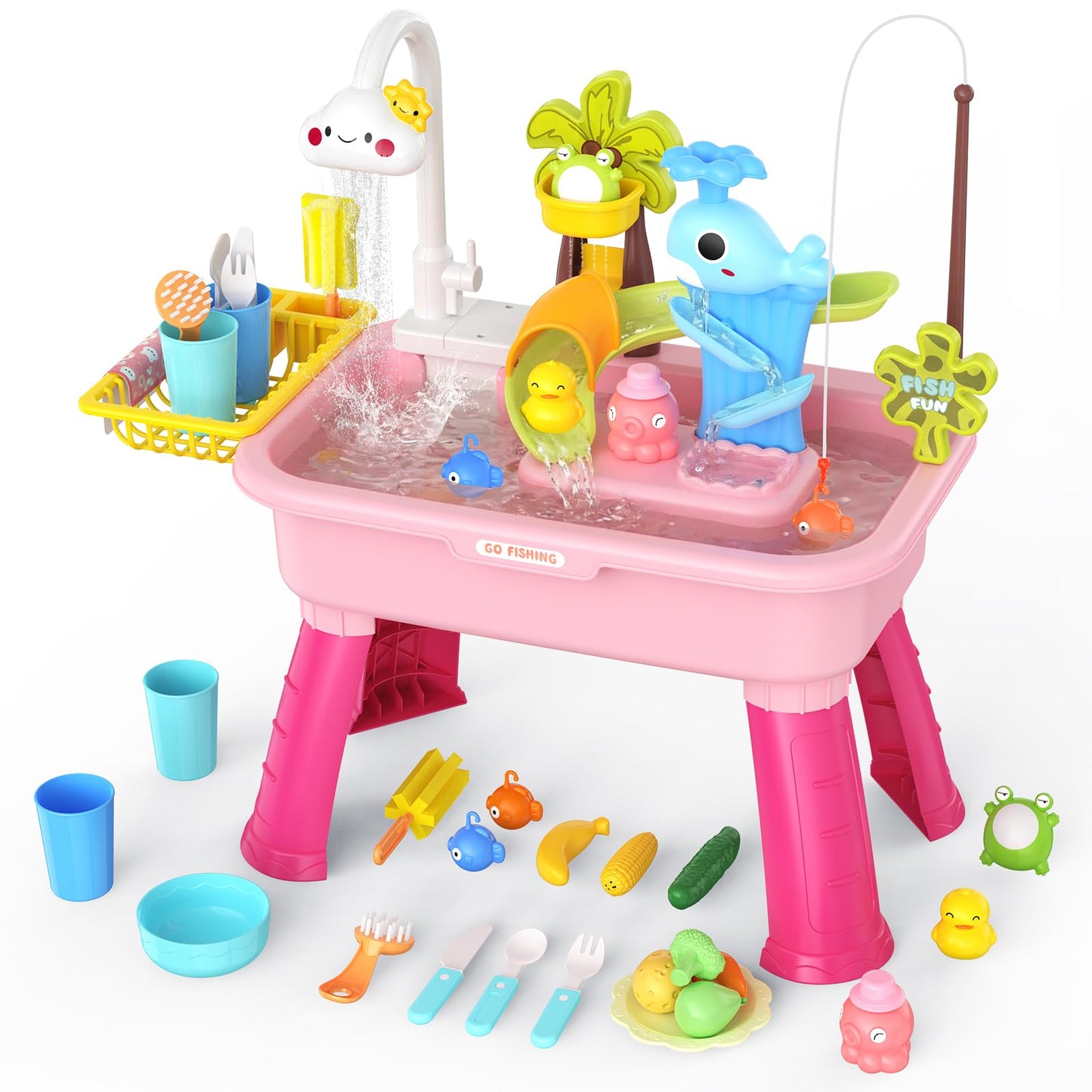 GGRH 2026 Upgraded Water Table for Toddlers 1-3 - Outdoor Toys for Kids Ages 4-8 with Pump, Summer Outside Sensory Activity Pool Toys, Kitchen Play Sink Toy with Running Water, Fishing Toy, Pink