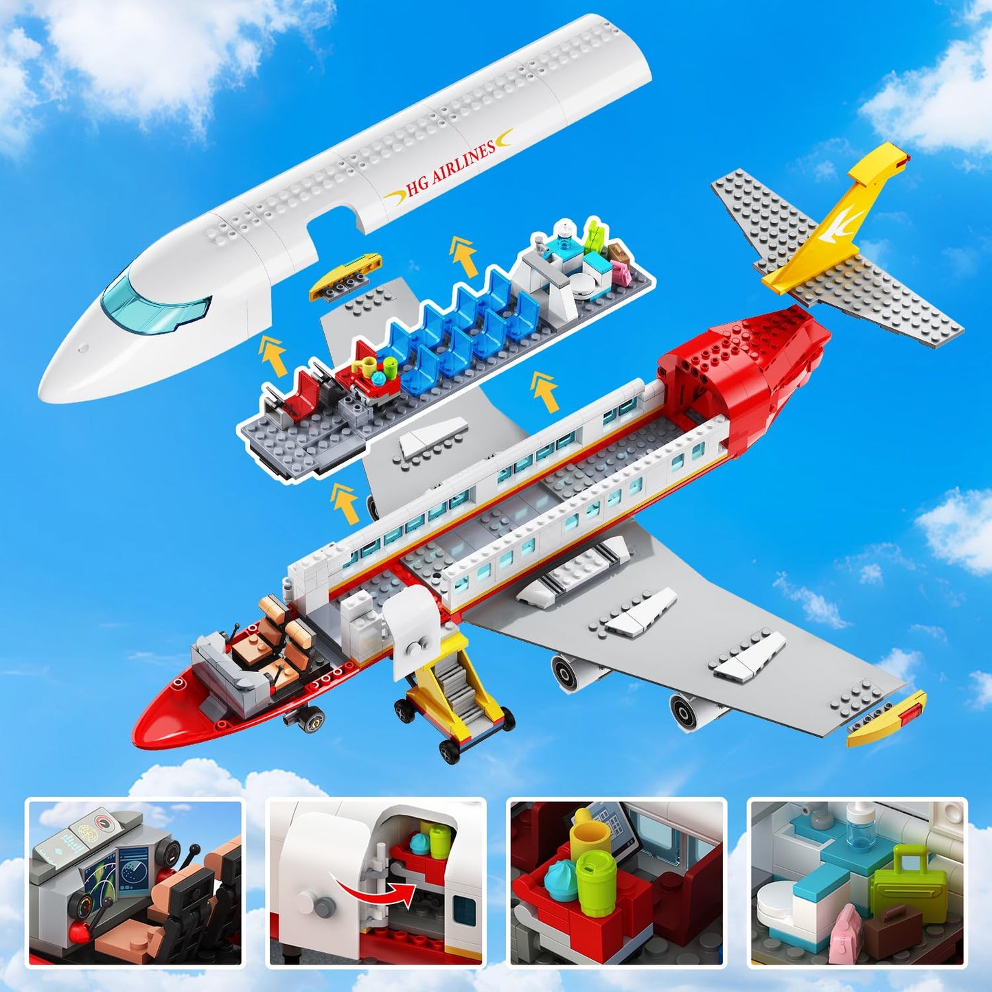 HOGOKIDS 2 Style City Airplane Building Set with LED Light - Plane Building Blocks Switch Passenger Cargo Projectile Toy with 3 Cars, Planes Model Toys Valentines Gifts for Kids Boys Girls Age 6-12+