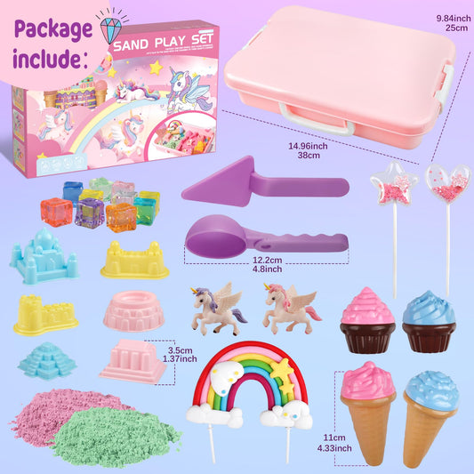 Weilim Unicorn Sensory Bin for Girl, Magic Sand Art Kit with Sandbox, Color Sand, Unicorn Fine Motor Kids Toy Christmas Birthday Gift for Toddler Ages 3 4 5 6 7 8