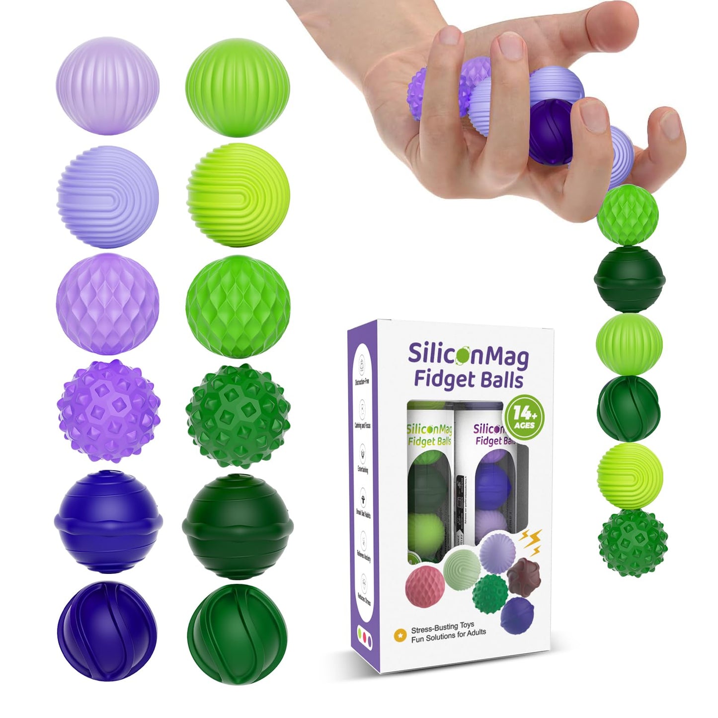 Silicone Magnetic Balls, Fidget Toys, 12-Pack Stress Relief Toys for Adults, Teens, Sensory Toy for Fingers Hands, Quiet Office Desk Toys with Textures, Magnet Fidget Fun Gift (2 Pack(Green+Purple))