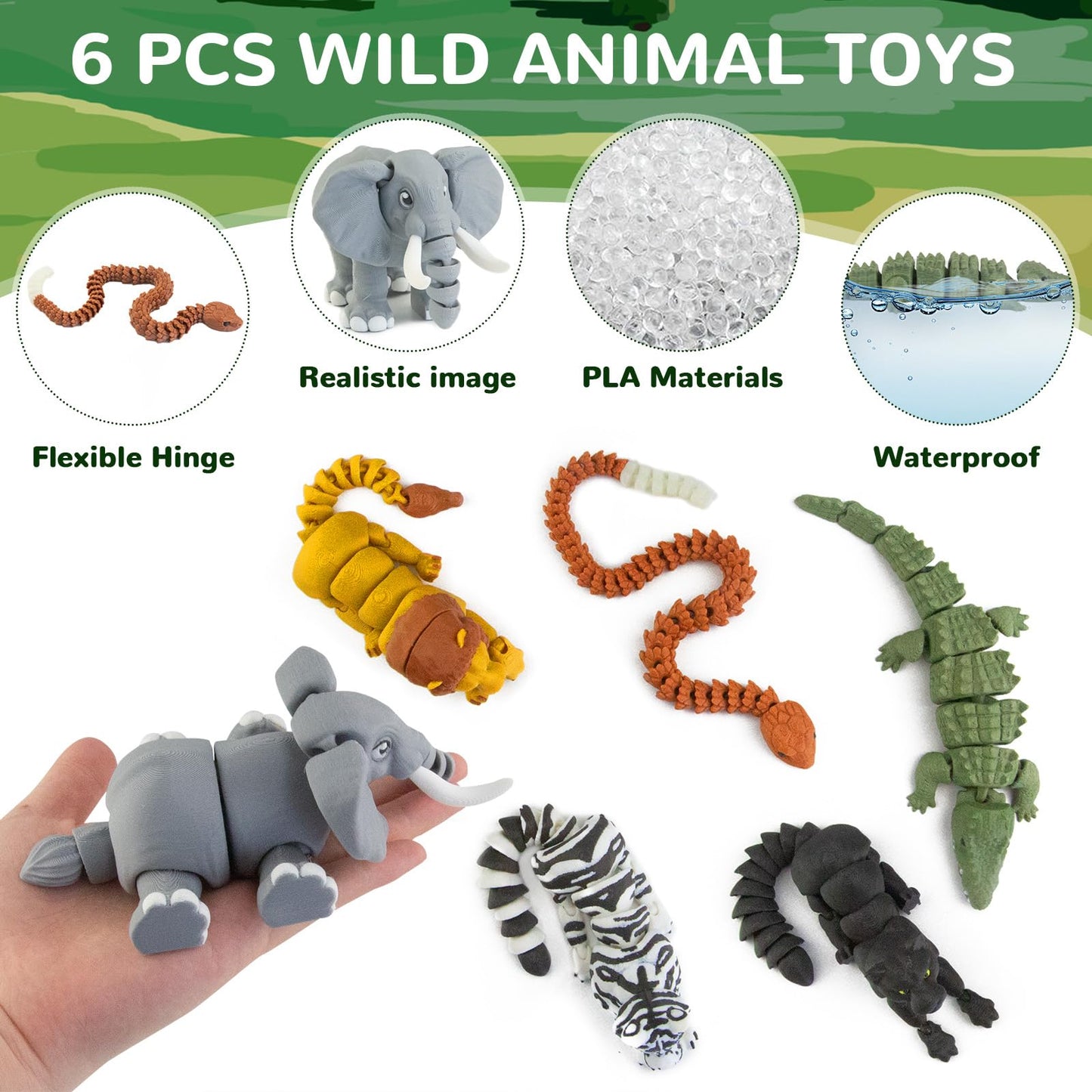 6PCS 3D Printed Safari Animals Figures Toys, Realistic Articulated Zoo Animal Toys Educational Learning Fidget Toy Cake Toppers Birthday Gift Party Favors Toy for Toddlers Kids Boys Girls