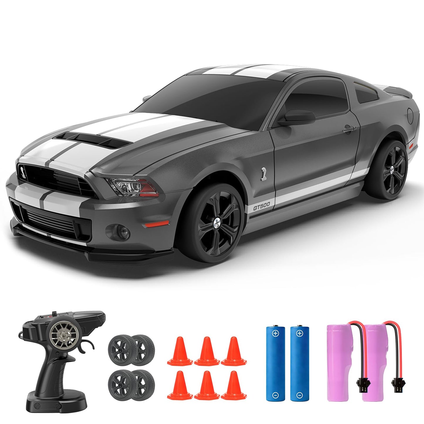 YONCHER RC Drift Car, Remote Control Car for Kids Ford Mustang Shelby GT500 Officially Licensed, 1:24 20KM/H 4WD with Lights, Fast Racing Toy Car for Boys Girls, Gray