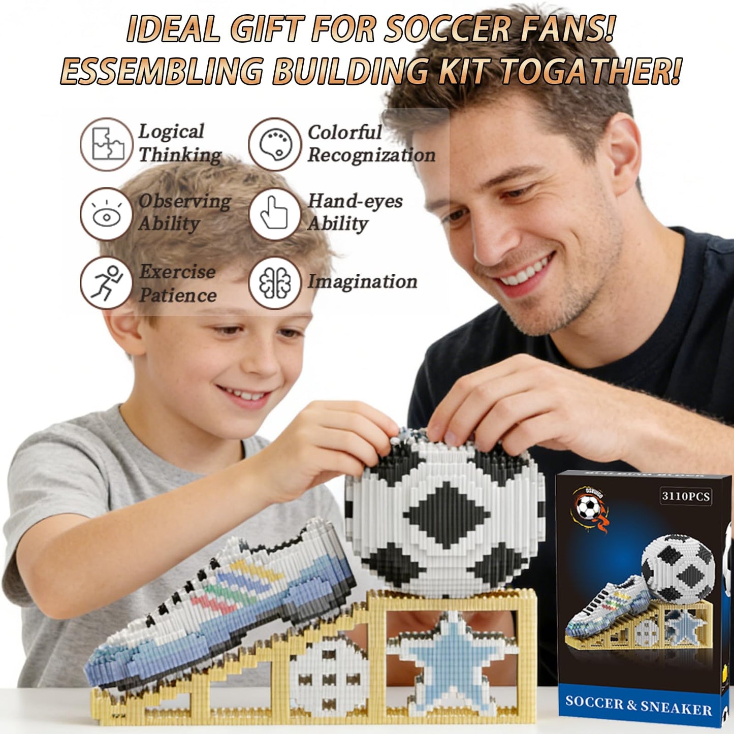 USVillGO 2026 New Soccer Ball with Sport Sneaker Building Block Set, Realistic Soccer, Luminous Crystal Shoe, Golden Stand STEM Bricks, DIY Educational Toy World Football Cup Gifts for Teen, Adult