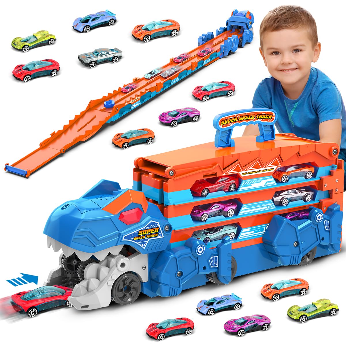 VATOS Toddler Truck Toy - Ejection Folding Dinosaur Track, Portable Truck Car with 8 Race Cars, Best Gift Toy Cars Set for Toddlers 3 4 5 6 7 Years Old