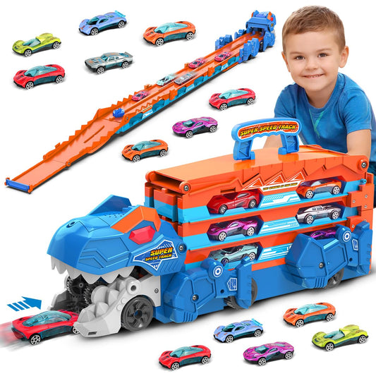 VATOS Toddler Truck Toy - Ejection Folding Dinosaur Track, Portable Truck Car with 8 Race Cars, Best Gift Toy Cars Set for Toddlers 3 4 5 6 7 Years Old