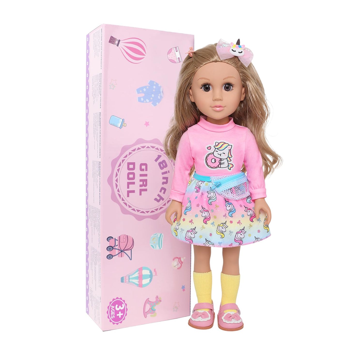 Ecore Fun 18 Inch Girl Doll with Clothes Accessories, Fashion Doll with Styling Brown Hair, Unicorn Hair Clip, Phone, Bag, Outfit & Shoes, Gift Ready for Birthday & Pretend Play