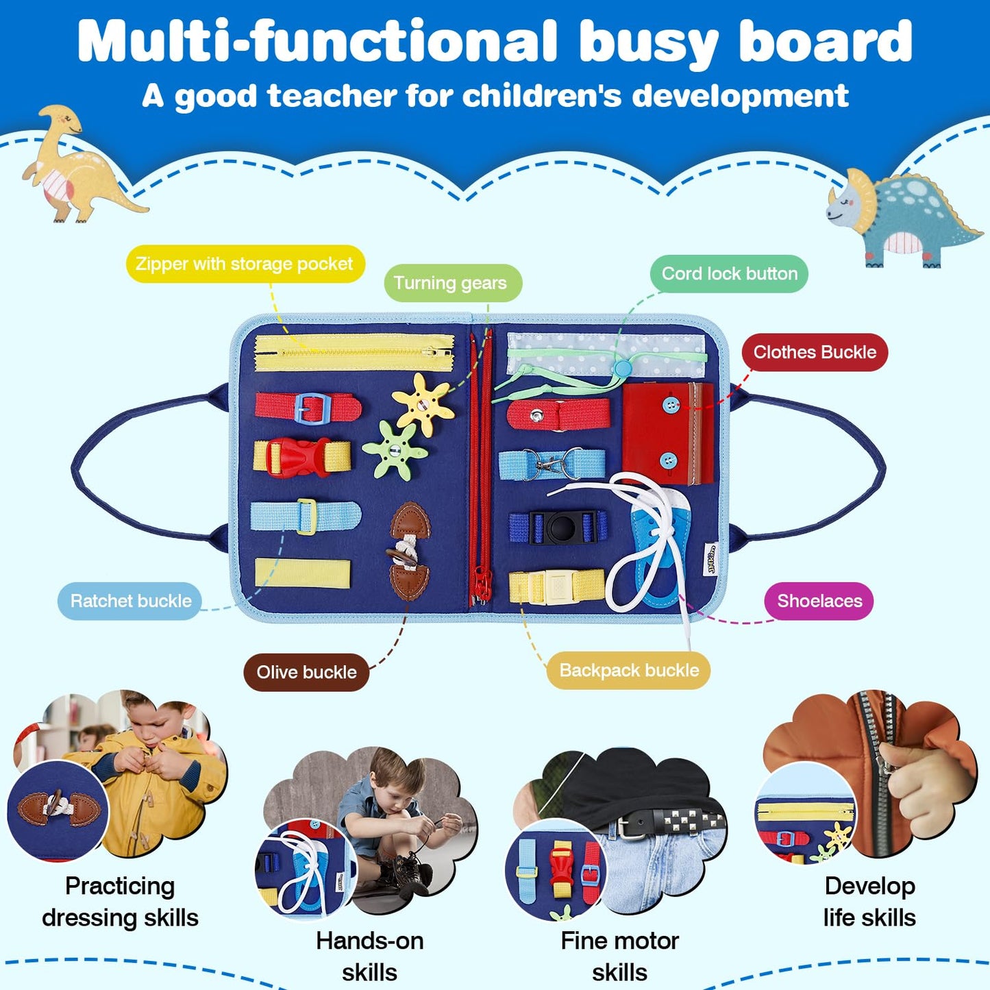 JHkim Busy Board Montessori Toys for 1 2 3 4 Year Old Boys Girls Gifts, Sensory Toy for Toddlers 1-3, Educational Activities Travel Toy for Airplane Car, Busy Book for Learning Fine Motor Skills,Blue