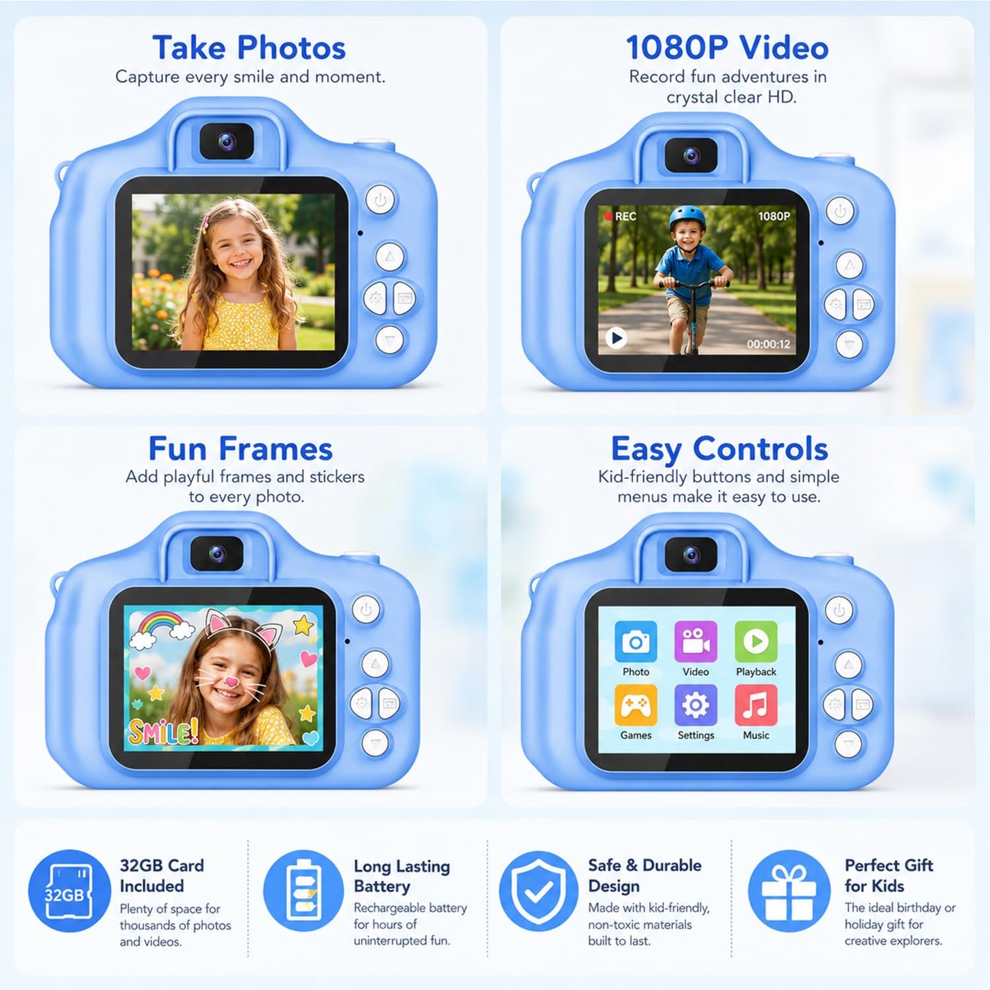 Tyseoome Kids Camera Toys Gifts Christmas Birthday Festival for Boys Age 3 4 5 6 7 8 9 10 Year Old Boy Toys HD Digital Video Toddler Camera with 32GB SD Card(Blue)