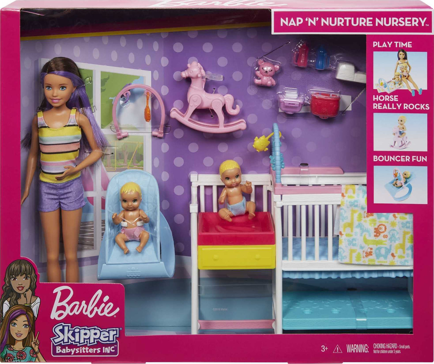 Barbie Skipper Babysitters Inc Dolls & Playset, Nap 'n Nurture Nursery, Skipper Doll, Baby Doll, Crib & 10+ Accessories, Working Toy Bouncer