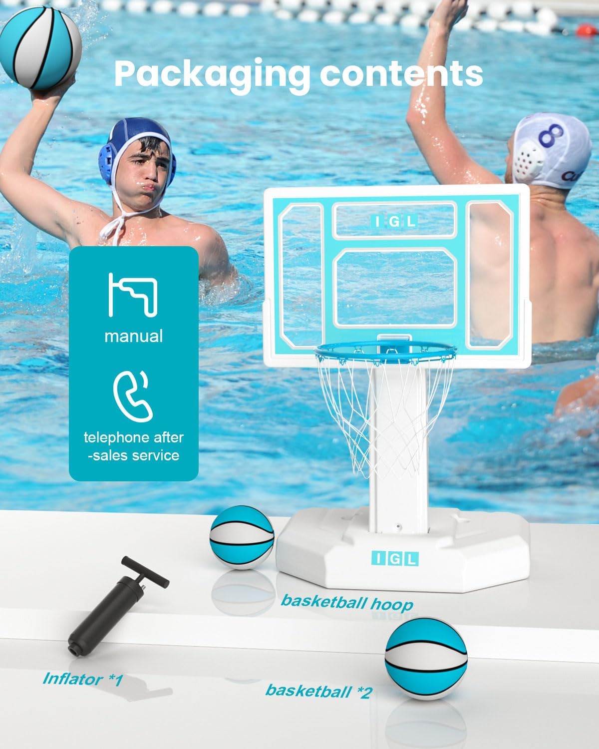 IGL Pool Basketball Hoop Outdoor, Outdoor Poolside Basketball Hoop, Base & Stand Double Water Storage with 2 Ball & Inflator, Stainless Steel Basketball Rim, Fixed Height (32in Backboard)