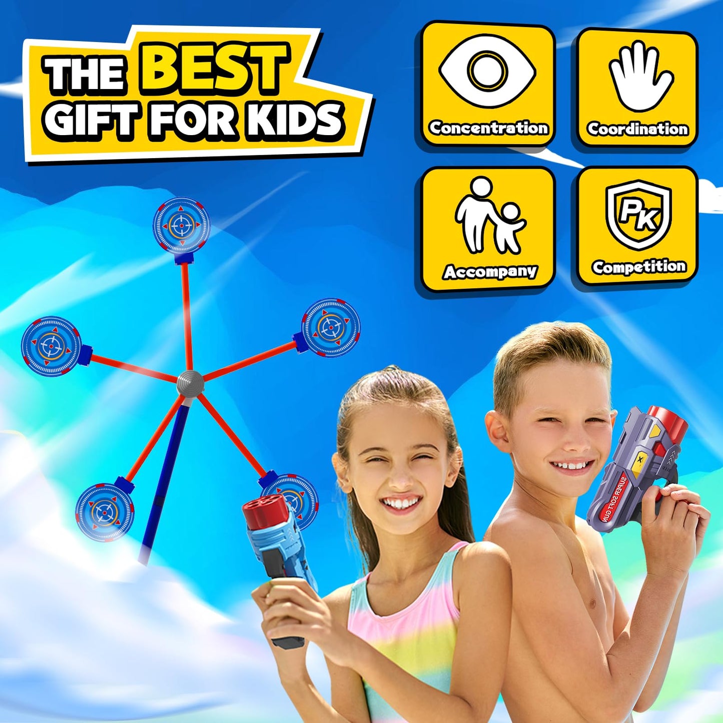 Rocket Shooting Games Toys with Rotating Target 2 Toy Guns 20 Foam Darts Kids Outdoor Toys for Boys Age 5 6 7 8 9 10+ Year Old Carnival Games Compatible with Nerf Guns