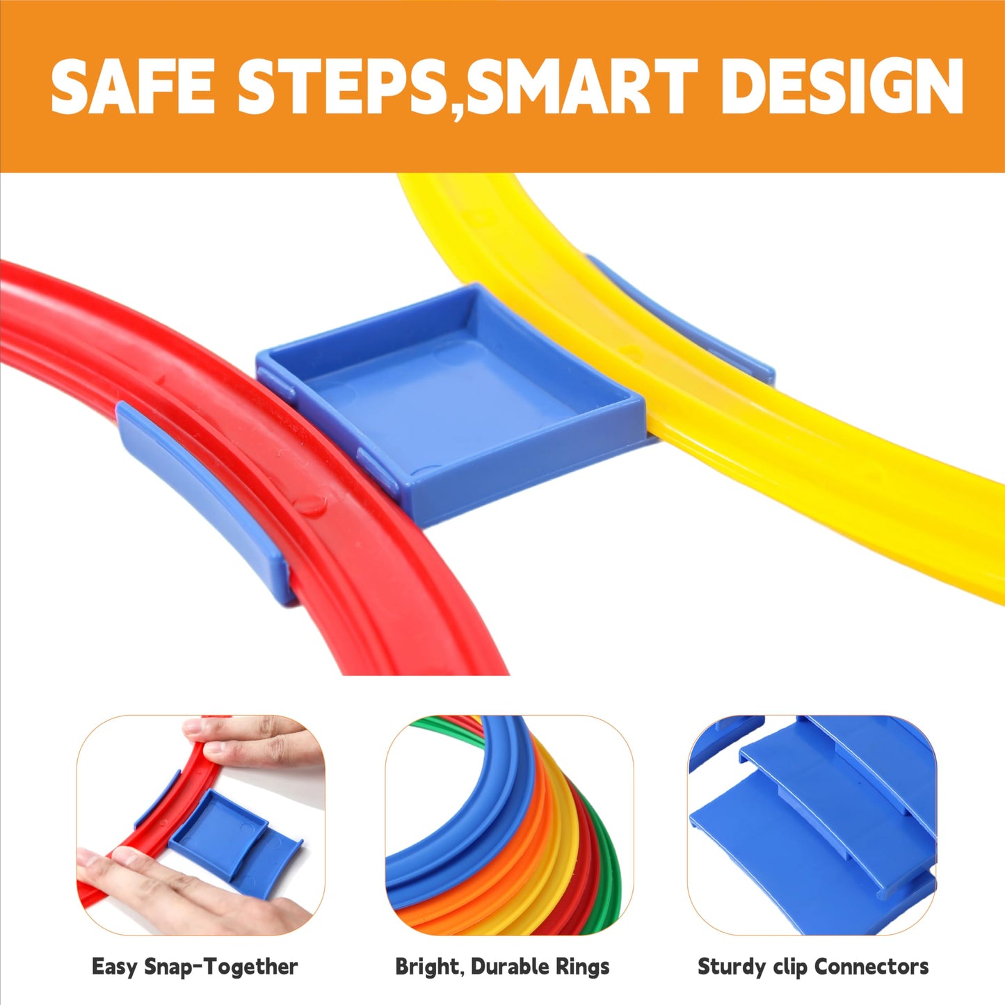 Oranmew Hopscotch Rings – Hoop + Square, 2-Set – (10 Round + 10 Square, 15-inch) + 30 Connectors, Agility Rings for Kids, Gross Motor Skills, Preschool & Kindergarten PE, Playground Obstacle Course