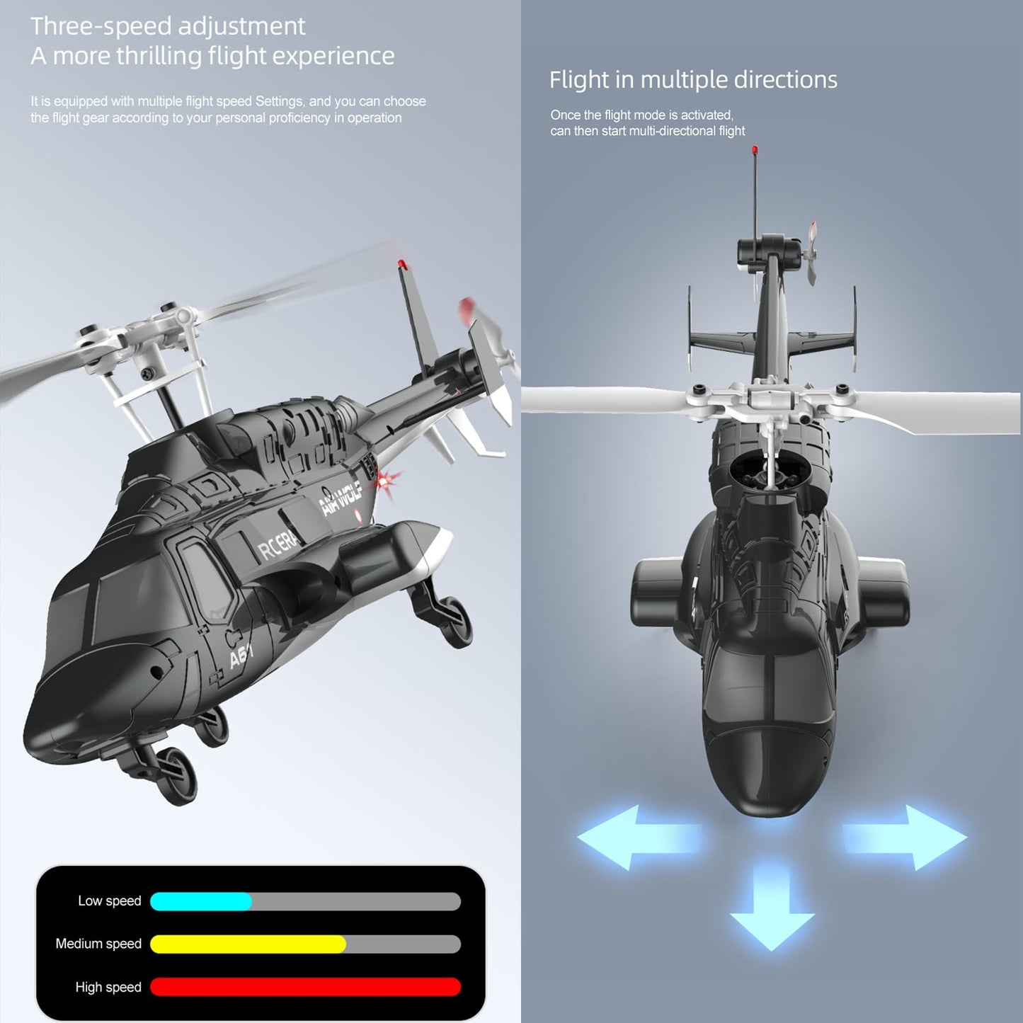 GQGQGQ A61 Airwolf Remote Controlled Helicopter Aircraft Plane 4CH RC Heli Aileronless 1/42 Scale 6-Axis Gyroscope Altitude Hovering Optical Flow Position 2Batteries for Adults Beginners/Black White