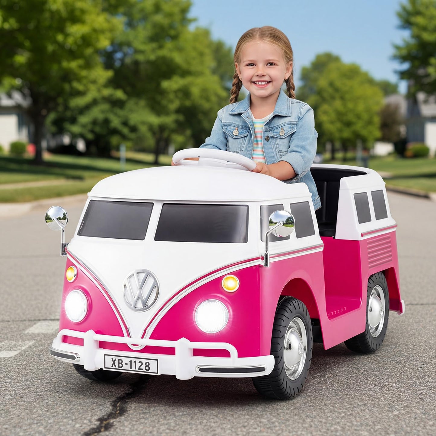 Costzon Ride On Car, 12V Licensed Volkswagen Kids Car Bus with Cup Holder, LED Headlights, Music & Horn, Electric Vehicle with Pedal Control, Soft Start & 2-Level Speed for Boys & Girls Aged 3+ (Pink)