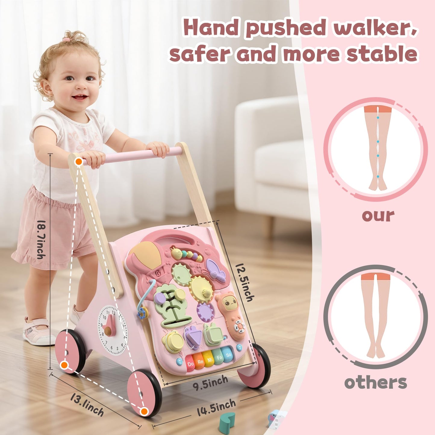 2 in 1 Wooden Baby Walker and Activity Center for Girls Boys Sit-to-Stand Learning Toy Kids Montessori Educational Push Toys with Music Detachable Busy Keyboard for Toddlers
