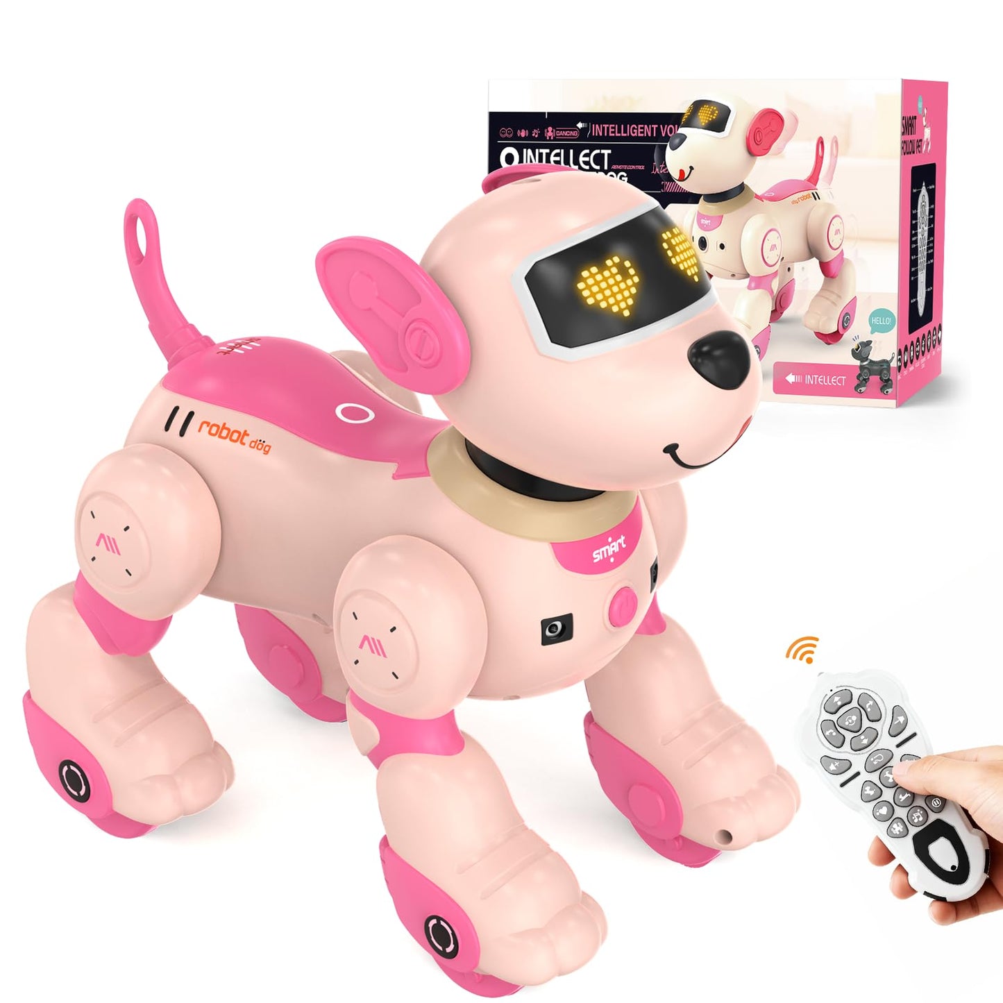 PRANITE Robot Dog Toy for Kids, RC Smart Programmable Robotic Puppy Interactive Touch Music Remote Control Follow Mode Fun STEM Educational Learning Toy Rechargeable Pink AI