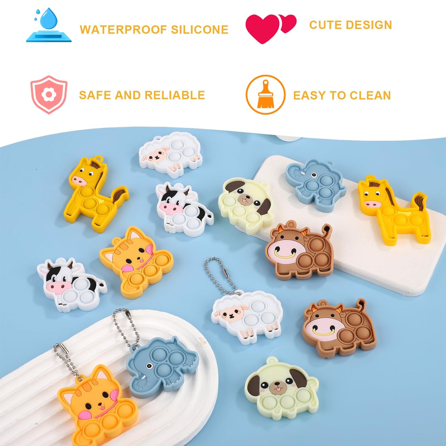 14pcs Animal Pop Fidget Toys Party Favors, Silicone Animal Fidget Sensory Toys Soft Keychain Bubble Popping Toy Packs for Treasure Box Toys Gift Bag Fillers Kids Prize Treasure Box