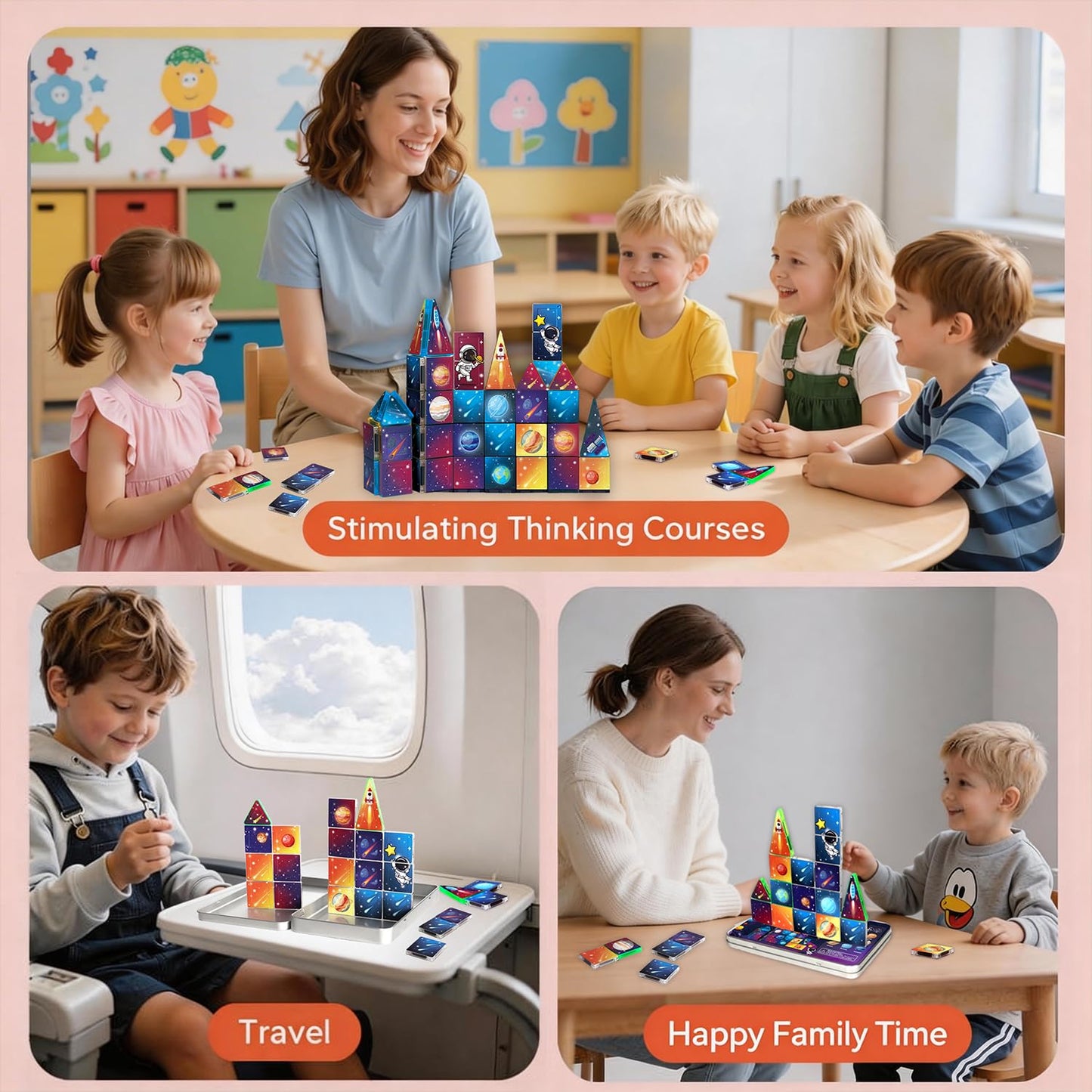 kocojrff Mini Magnetic Tiles Travel Set, 31Pcs STEM Travel Magnatiles with Metal Case, Space Theme Educational & Creative Magnet Tiles for Kids