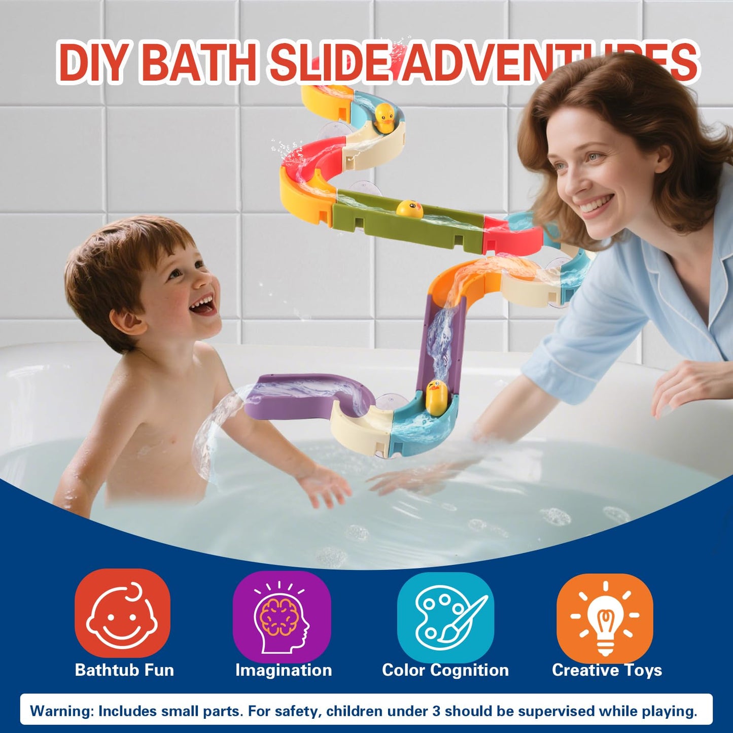 Fracurs Duck Slide Bath Toys for Kids Ages 4-8, Bathtub Toys DIY Wall Track Building Kit for Toddlers 2-4 3-5, Fun Shower Toys Bathtub Time Birthday Gift for 3+ Years Old Boys and Girls（34PCS）