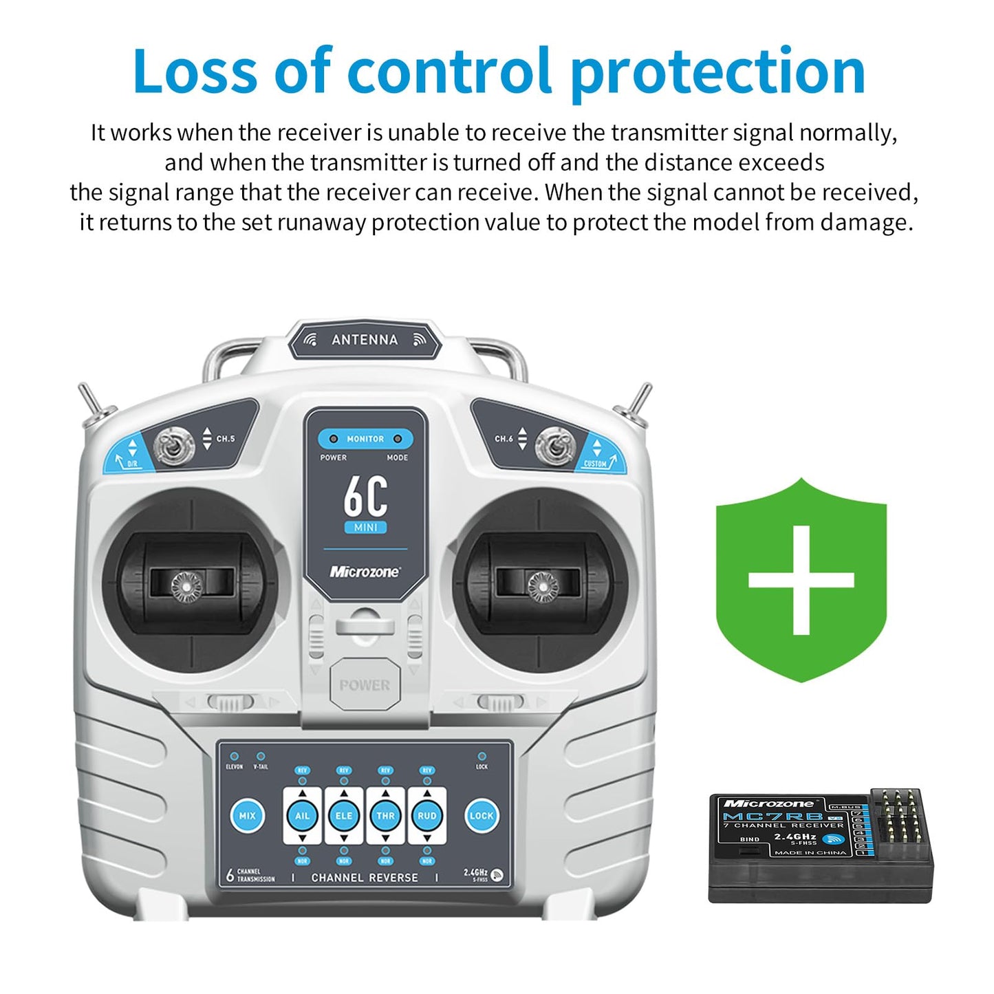 GoolRC MicroZone 6CH RC Transmitter and Receiver Compatible with MC6RE, E6R-E, MC7RB, and MC9002 2.4GHz Radio Controller for SU27 RC Airplane Drone Multirotor Helicopter Car Boat