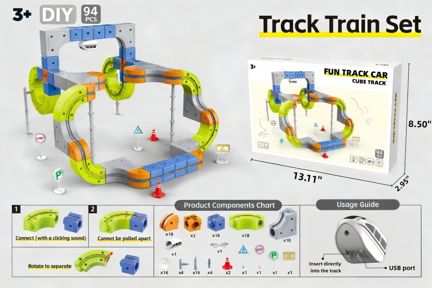 94PCS Electric Train Set, Flexible Track Fusion Train Set, DIY Train Track Building Kits with Train and Traffic Signs, for 4-10 Year Old Boys Girls Birthday Party Gifts