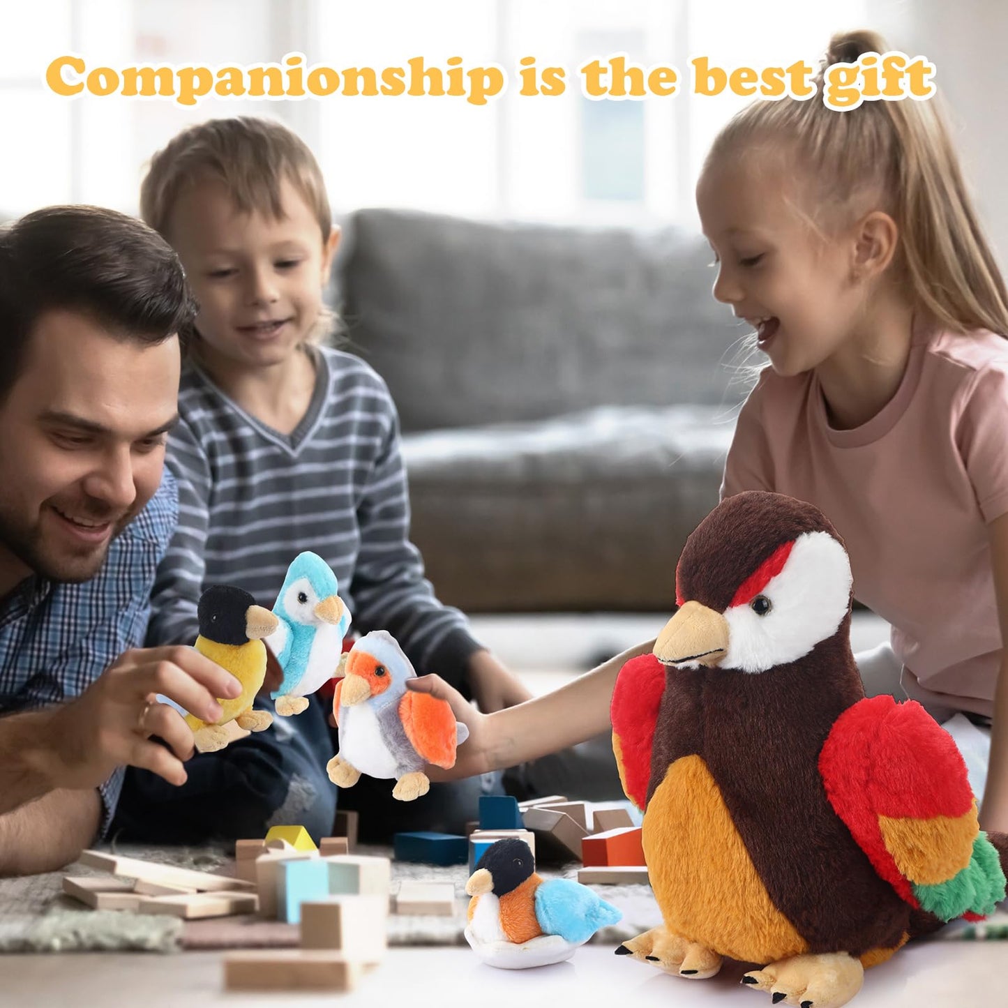 RoundFunny 7 Pcs Birds Stuffed Animals with Babies Egg and Nest 9.8 Inch Mommy Bird Forest Plush Toys Set Gifts for Kids Girls Boys Woodland Baby Shower Party Favors Birthday Classroom Prizes
