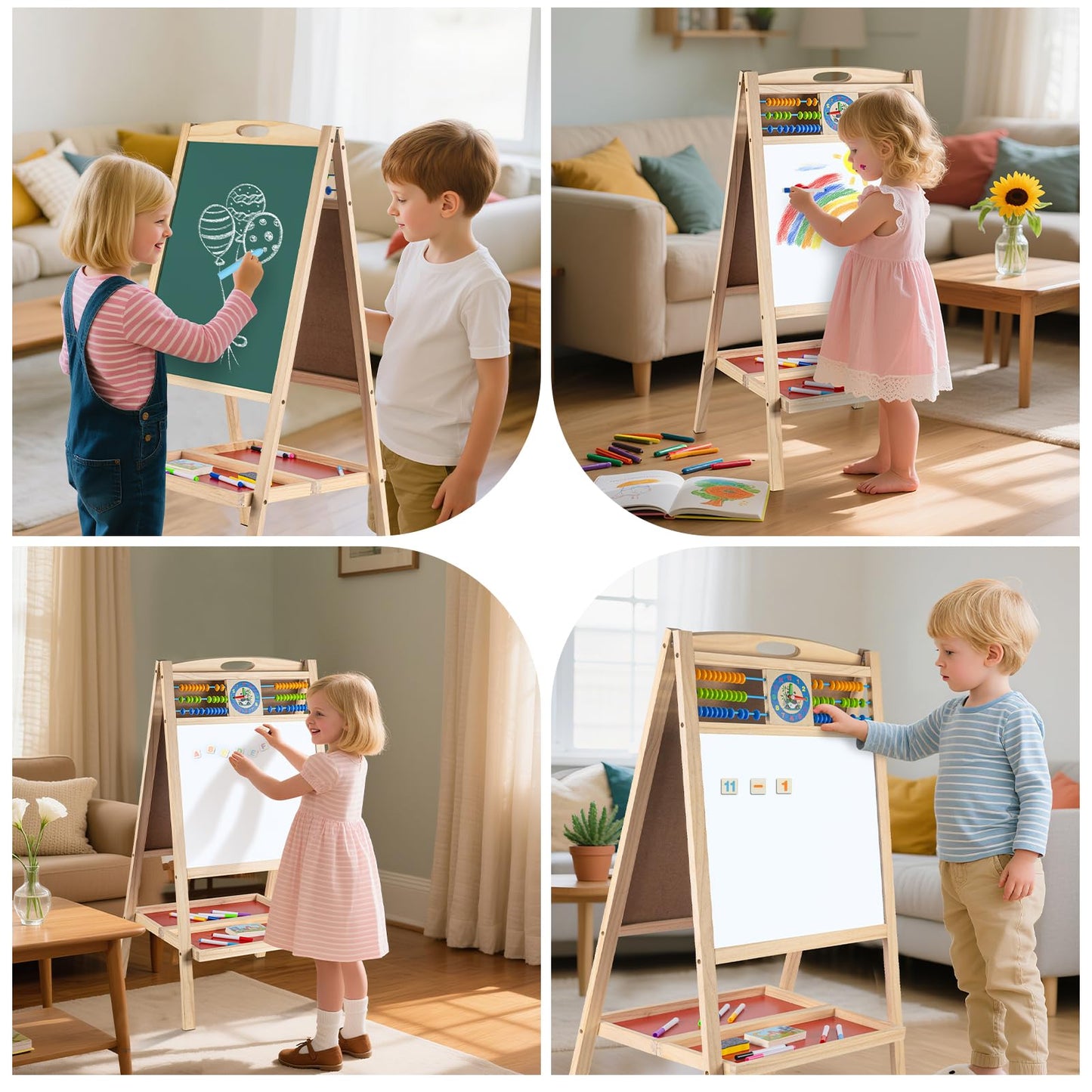 Kids Wooden Easel with Abacus, Double Sided Magnetic Drawing Board Dry Erase Whiteboard & Chalkboard， Foldable Easel for Toddlers 2-4 Years Painting Easel Kids 3-6