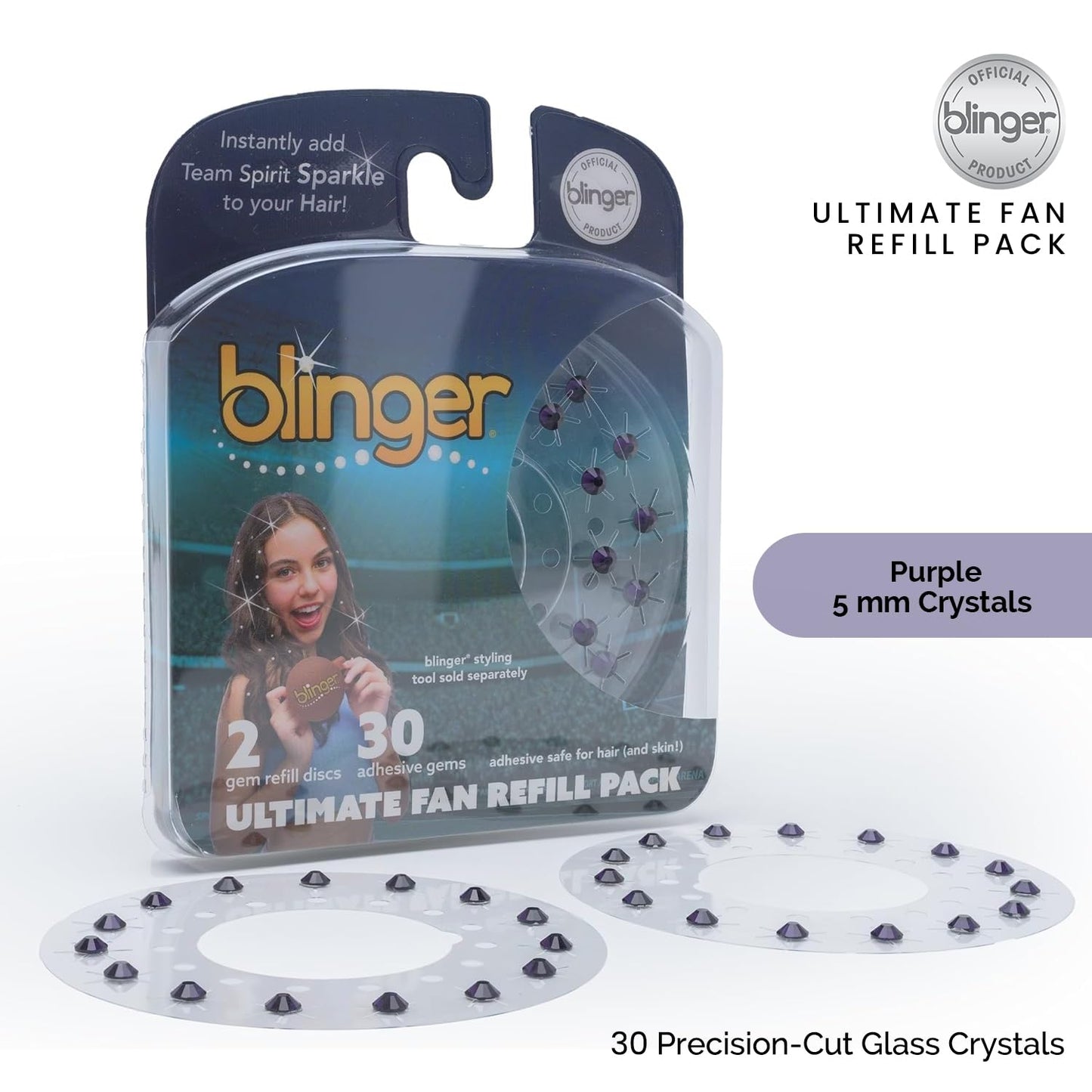 blinger® Ultimate Fan Refill Pack of 30 Dazzling Hair-Safe Gems -Purple – as seen on Shark Tank | Hair-Safe Bedazzler Gem Stamper for all the Sports Lovers | Fun Gift, Game Days, Sports