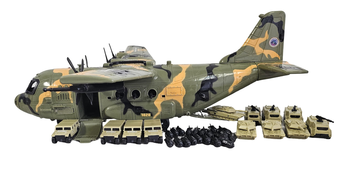Toy Essentials Large Military 21-Inch Cargo Plane C130 Bomber Combat Air Force with Working Doors 20 Bombs and 12 Military Army Vehicles