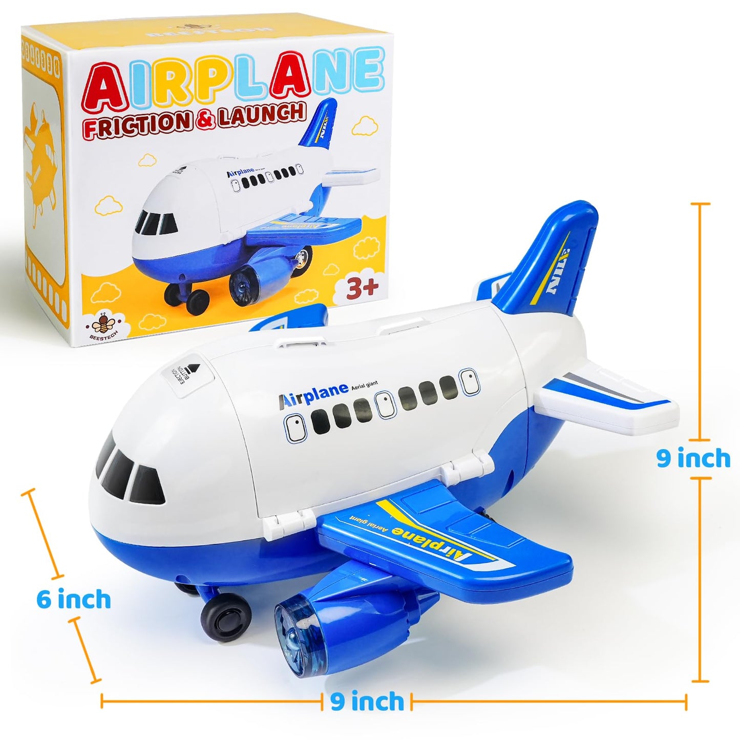 Beestech Airplane Toys with Runway and Car, Friction Powered Launcher Plane Toys for Boys Girls Kids Toddlers 3 4 5 6 Year Olds, Birthday Gifts (Blue)
