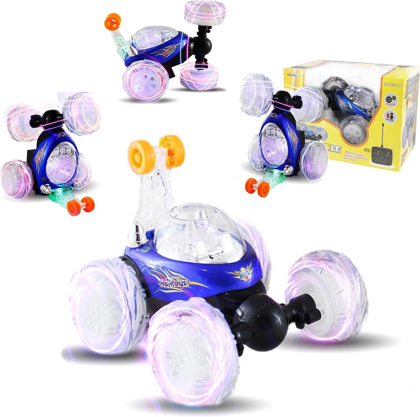 Haktoys Rechargeable RC Tornado Stunt Car – 360° Flip Remote Control Turbo Twister Vehicle with Lights & Music | Double-Sided Spinning Car Toy for Toddlers Kids Boys Girls (Blue)