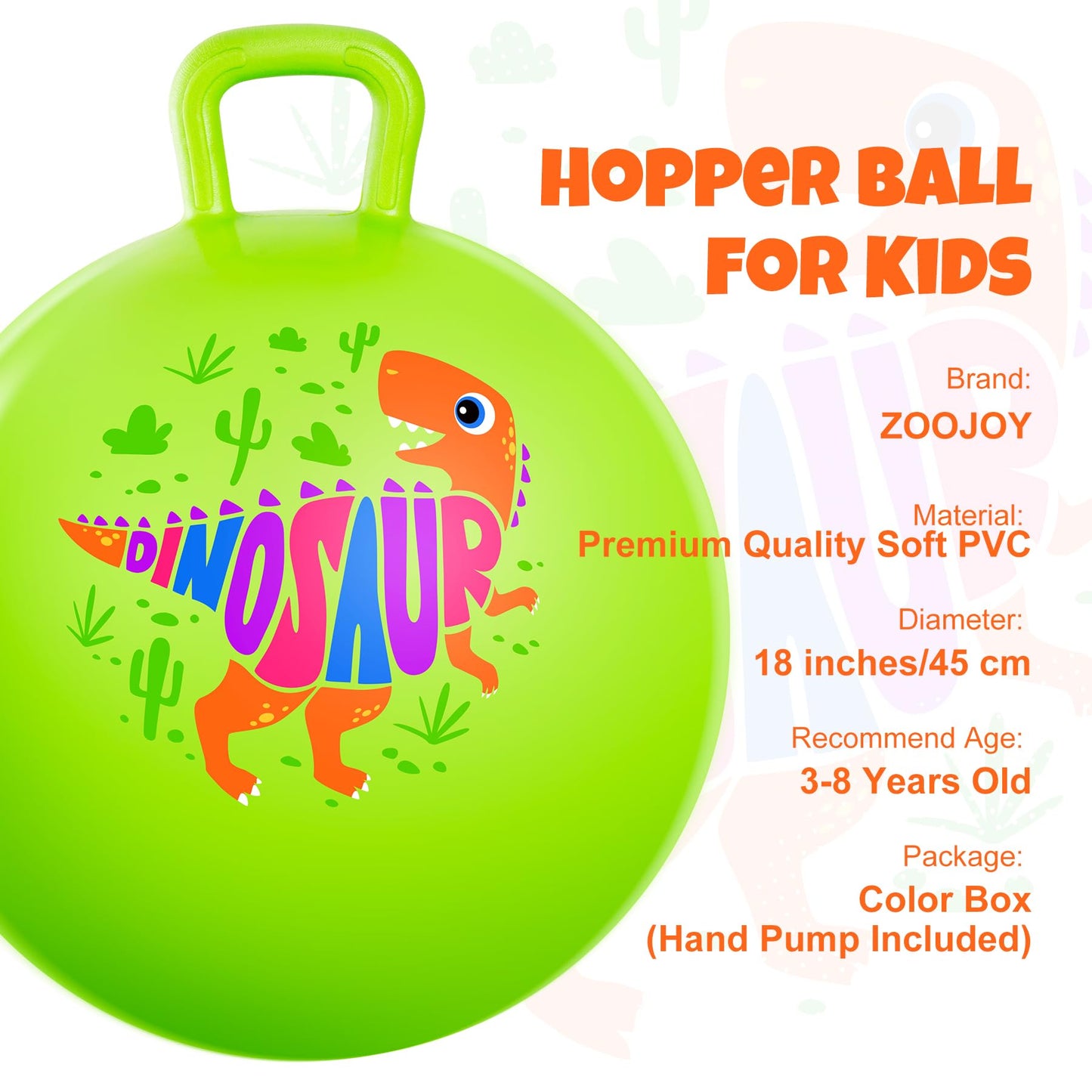 ZOOJOY Hopper Ball for Kids, 18In Bouncy Ball with Handle, Inflatable Green Dinosaur Boys Toys with Pump, Indoor Outdoor Hopping Gifts for Boys Girls 3 4 5 6 7 8