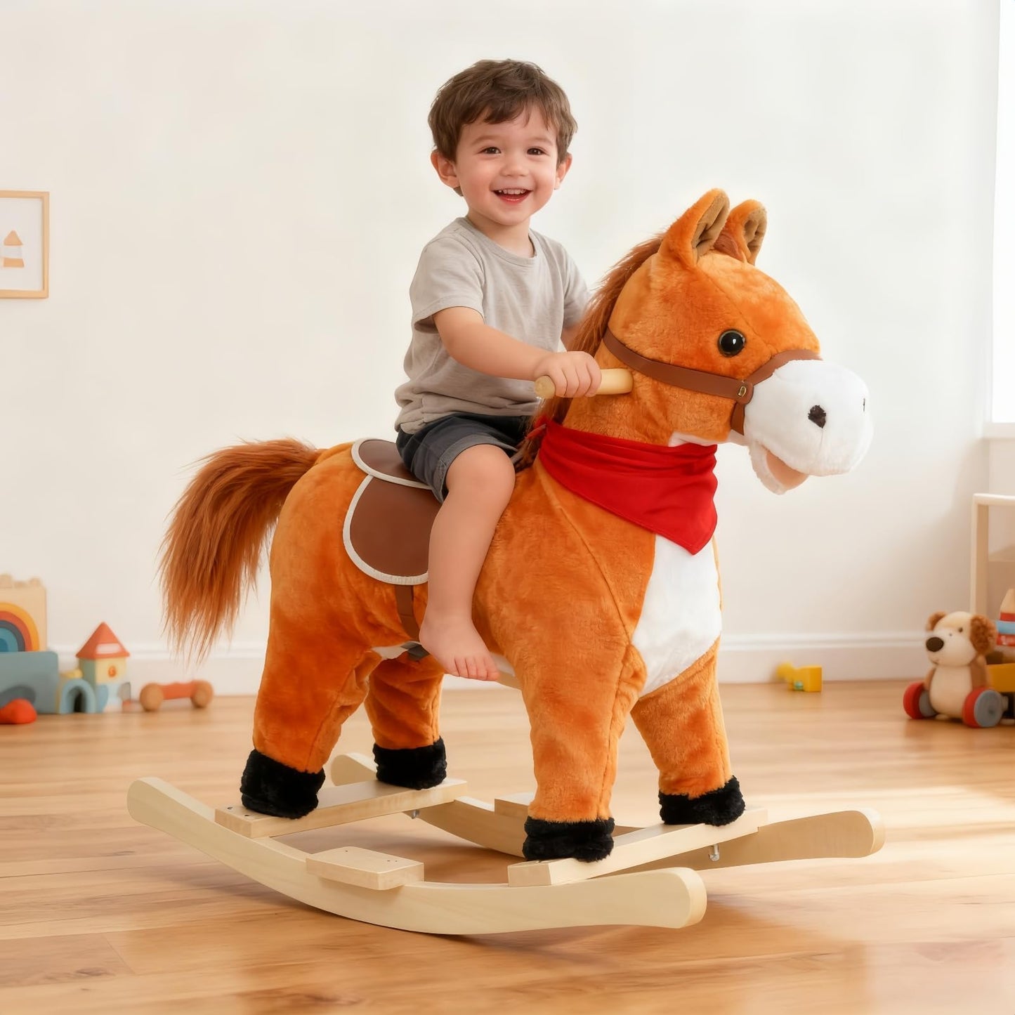 JENPECH Rocking Horse Toy for Kids Plush Ride on Animal with Wooden Rockers, Moving Mouth and Wagging Tail, Musical Sounds, Baby Rocking Chair, 120kg Weight Capacity, Ages 1-6 Light Brown Middle