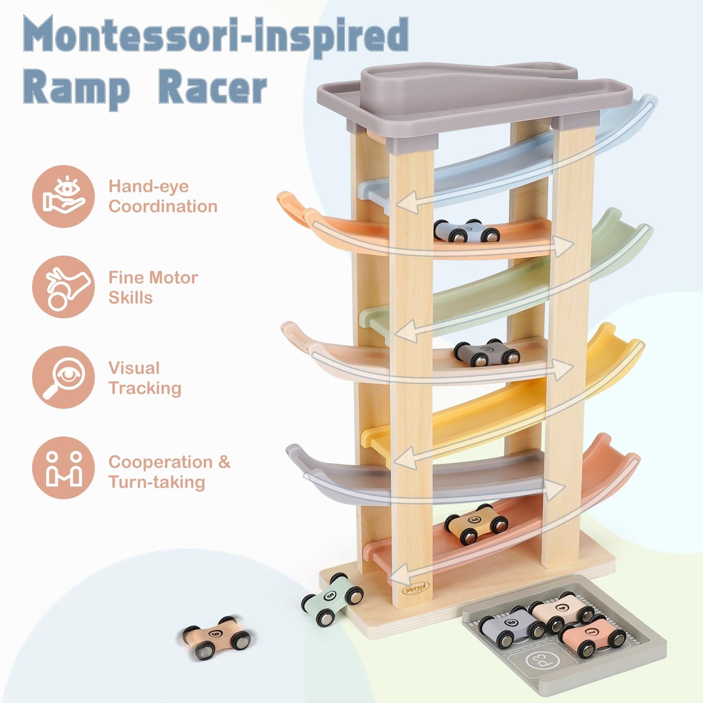 Joyreal Montessori Toddler Toys for 1 2 3 Year Old - 7 Level Wooden Car Ramp Racer Toys with 8 Mini Cars & 2 Garages - Christmas Birthday Gifts for 2 Year Old Boys and Girls
