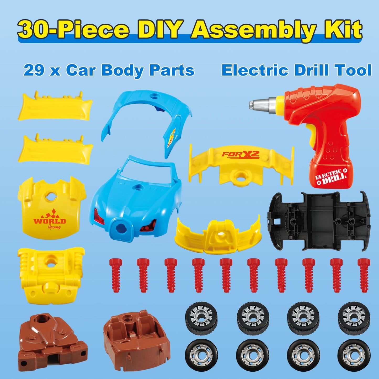 Pup Go Construction Toys for Kids 3 4 5 Years, Take Apart Toy Racing Car, 30 Pieces Building Toys with Electric Drill, Build Your Own Car, Realistic Sounds & Lights, Buildable Gifts (4 Spare Screws)