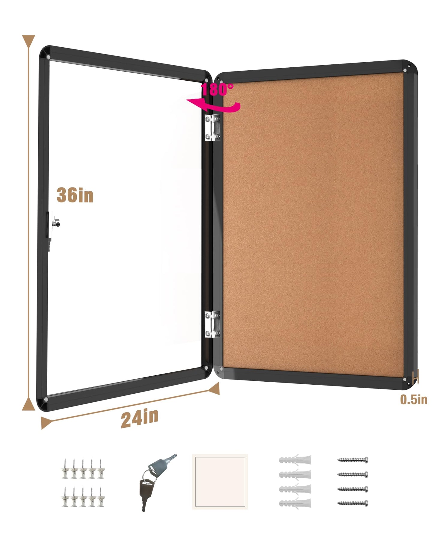 Mifuro 36"x24" Enclosed Bulletin Board, Lockable Weather-Resistant Aluminum Cork Noticeboard for School & Office, Black Frame w/Cork